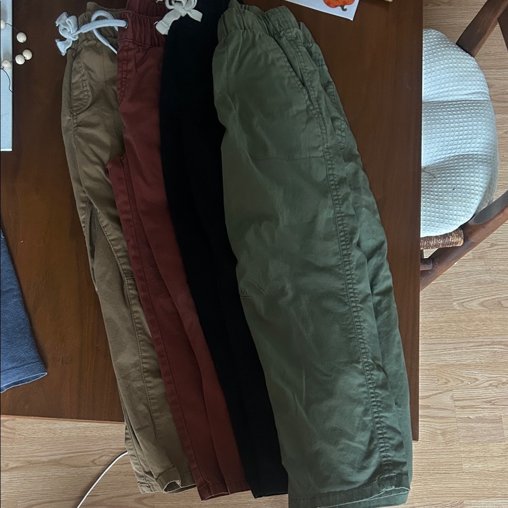 Set of Four Casual Pants in Green, Black, Brown, and Tan